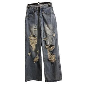 Edikted Blue Jeans Womens S 28”Waist ,29” Inseam ,Wide Leg Button Fly Distressed